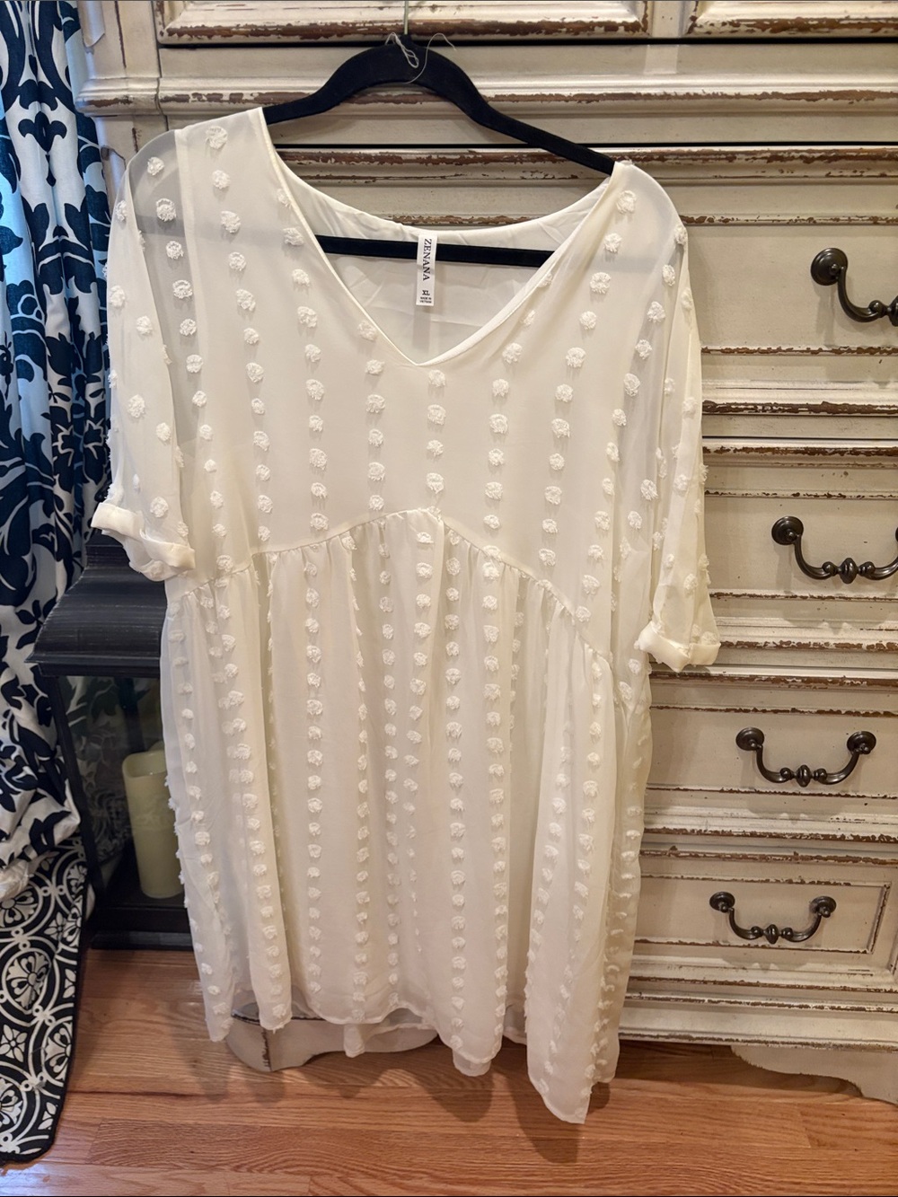 Zenana Outfitters Ivory Textured Swiss Dot V-Neck Babydoll Dress